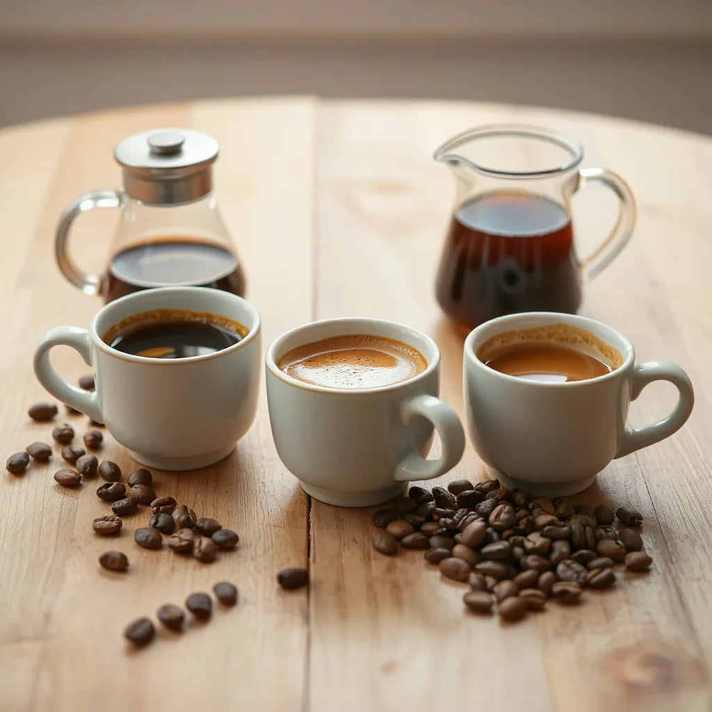 Three cups of freshly brewed coffee with crema and scattered coffee beans on a wooden table