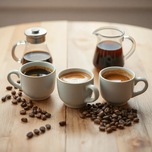 Three cups of freshly brewed coffee with crema and scattered coffee beans on a wooden table