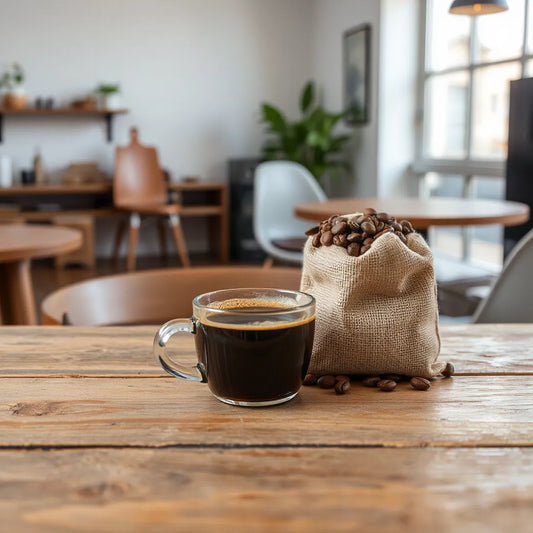 Steaming cup of coffee with burlap coffee beans on a wooden table in a warm, quiet cafe setting.