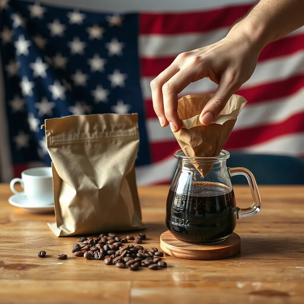 Hands preparing pour-over coffee with a softly blurred folded American flag in the background