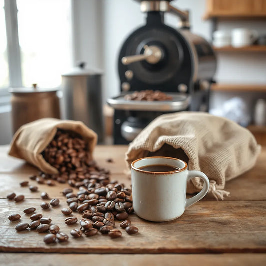Freshly brewed coffee in a ceramic cup with scattered whole coffee beans on a wooden table